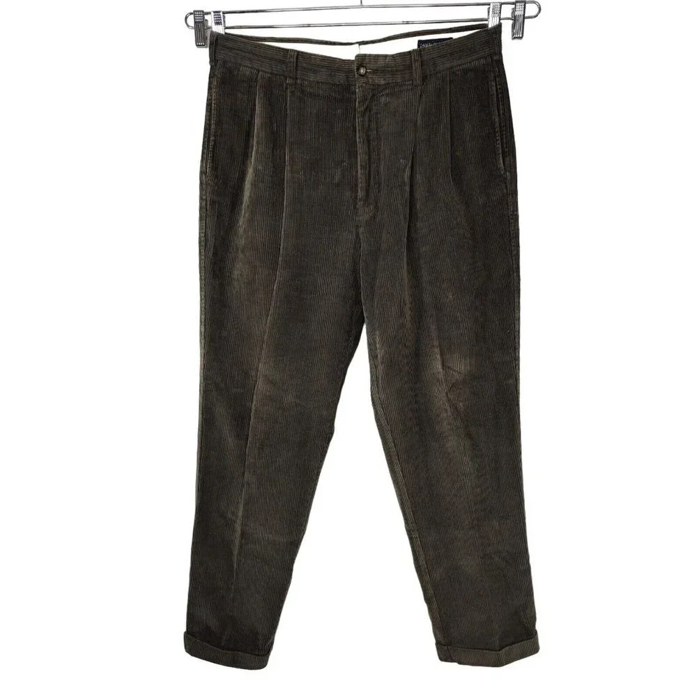 Daniel Cremieux Collection Pleated Corduroy Pants Cuffed Men Size 35 x 32 Green